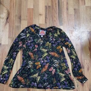 Butterfly Print Long Sleeve V-Neck Top - Multicolor